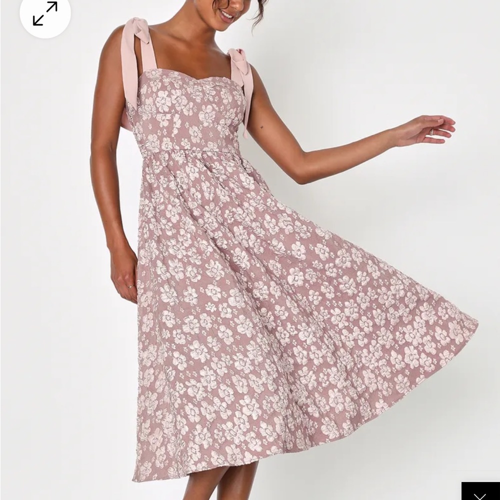 Lulu’s Bubbly Bliss Mauve Pink Jacquard Bustier Tie-Strap Midi Dress